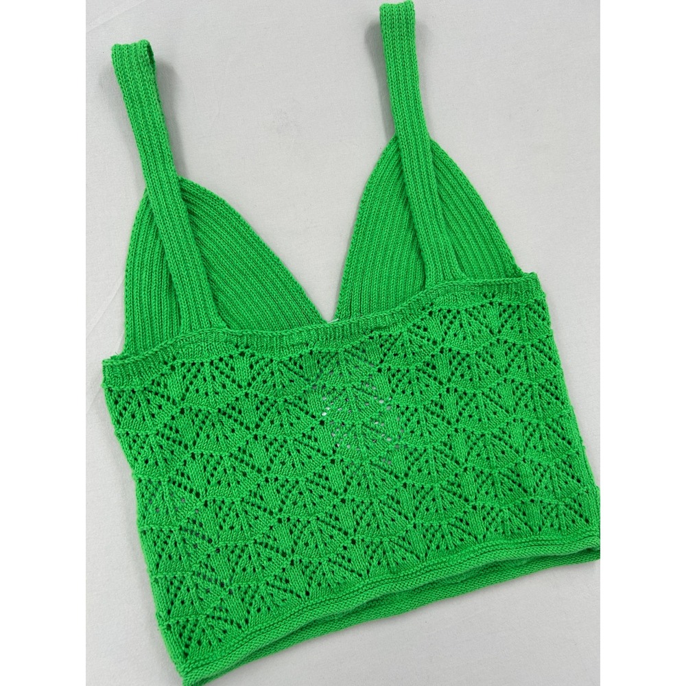 Zara Green Pointelle Knit Crop Top V-Neck Sleeveless Tank Small - Picture 5 of 12